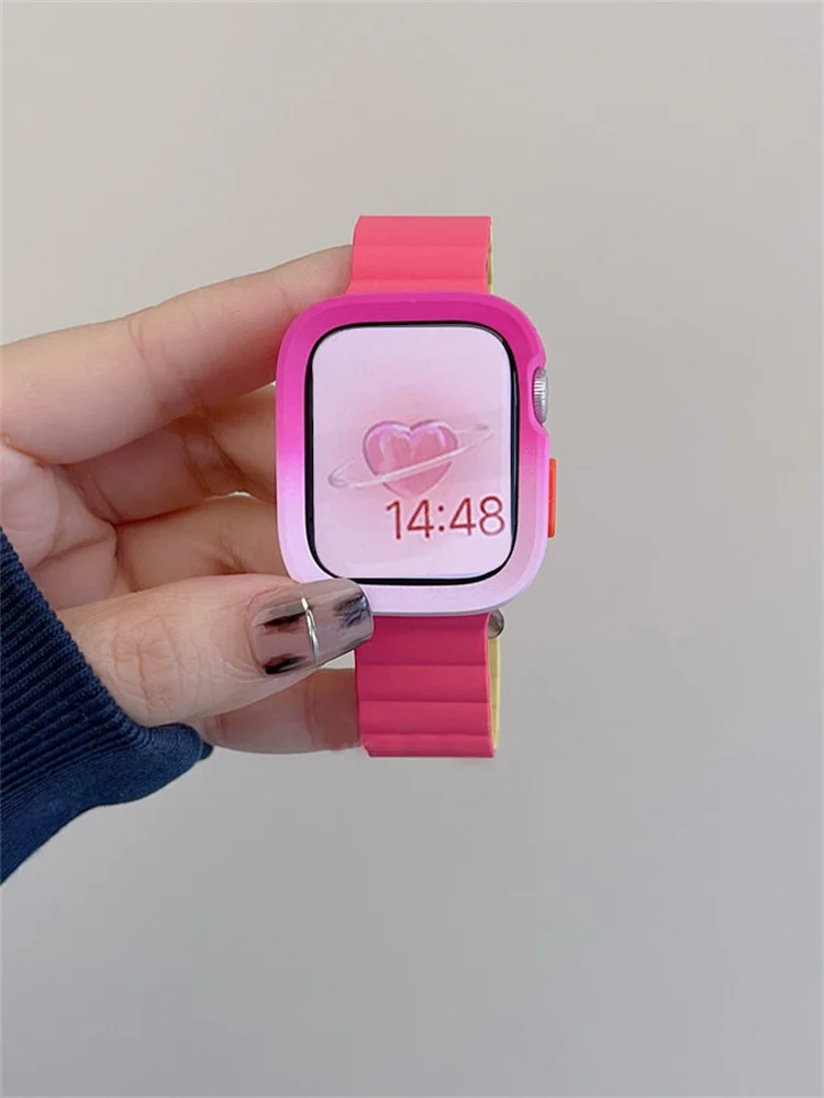 Cinta de silicone bonito e caso mudança gradual para Apple Watch, Coréia Band, Ultra2, iWatch Series 9, 8, SE, 7, 6, 5, 4, 49mm, 41mm, 45 milímetros, 40 milímetros, 44 milímetros, 42 milímetros