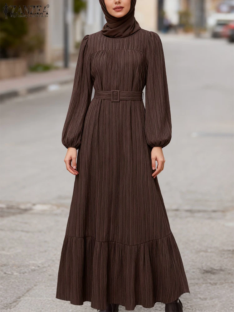فستان إسلامي أنيق للخريف بأكمام طويلة من ZANZEA عباية نسائية أنيقة للحفلات فساتين رمضان IsIamic رداء ربيعي بحزام فيستدو 2026 #3