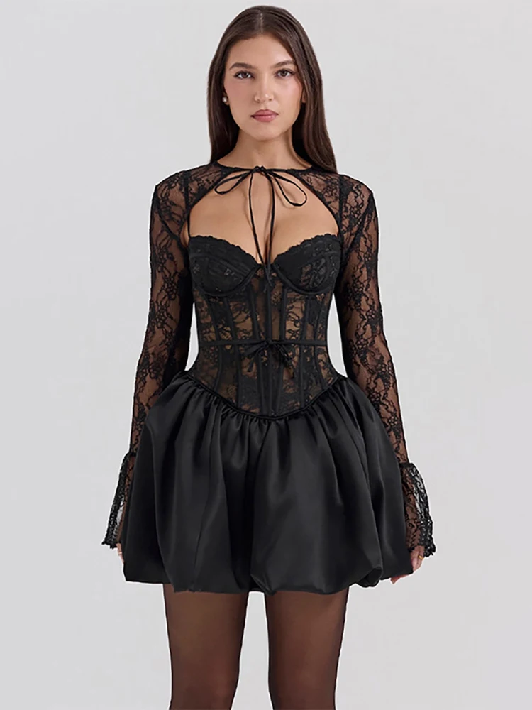 

JULISSA MO Sexy Sheer Lace Two Piece Sets Women Dress Black Long Sleeve Lace Up Dress Femme Autumn A-line Elegant Party Clubwear