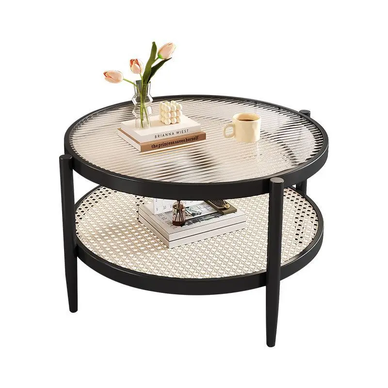 Nordic rattan coffee table small apartment round double-layer Changhong glass living room household