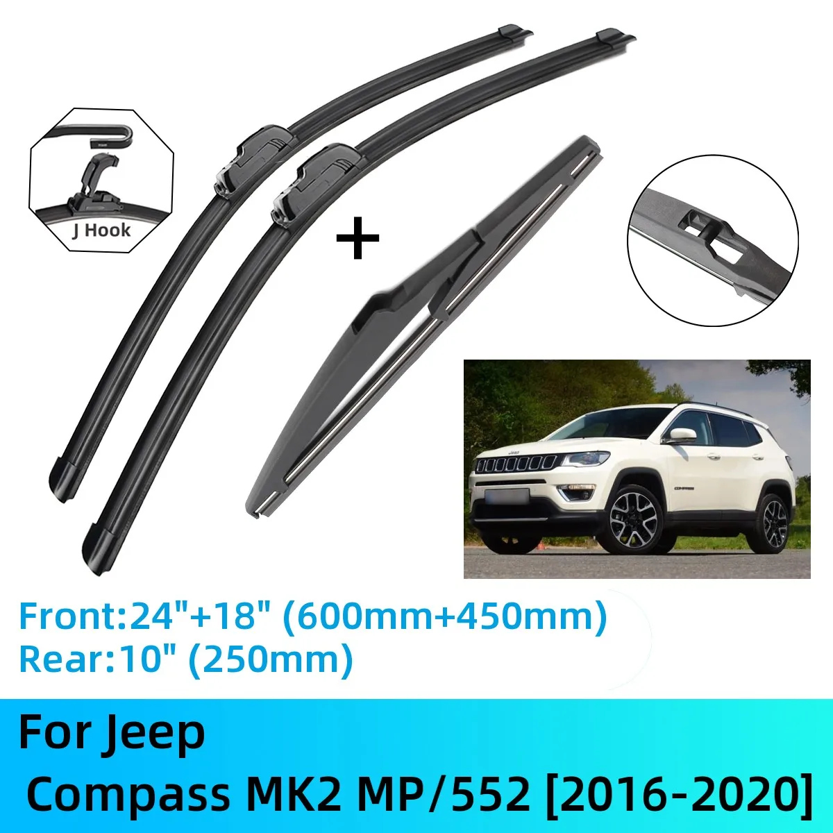 

For Jeep Compass MK2 MP/552 Front Rear Wiper Blades Brushes Cutter Accessories J U Hook 2016-2020 2016 2017 2018 2019 2020