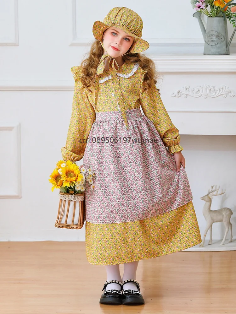 

Mädchen Yellow Flower Dress Vintage Pioneer Cosplay Costume Colonial Prairie Long Dress with Apron Bonnet Niño Stage Outfit