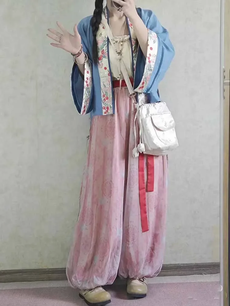 

Large Size Chinese Hanfu Suits Women Cosplay Costume Song Dynasty Summer Short Cardigan Lantern Pants 3pcs Suist Plus Size 5XL