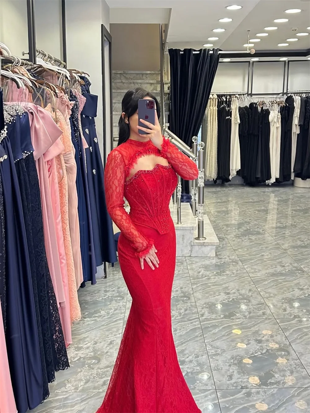 Cathy Customized Red Detachable Lace Sleeves Prom Dress Elegant Mermaid vestidos de noiva Floor-length Formal Evening 2025