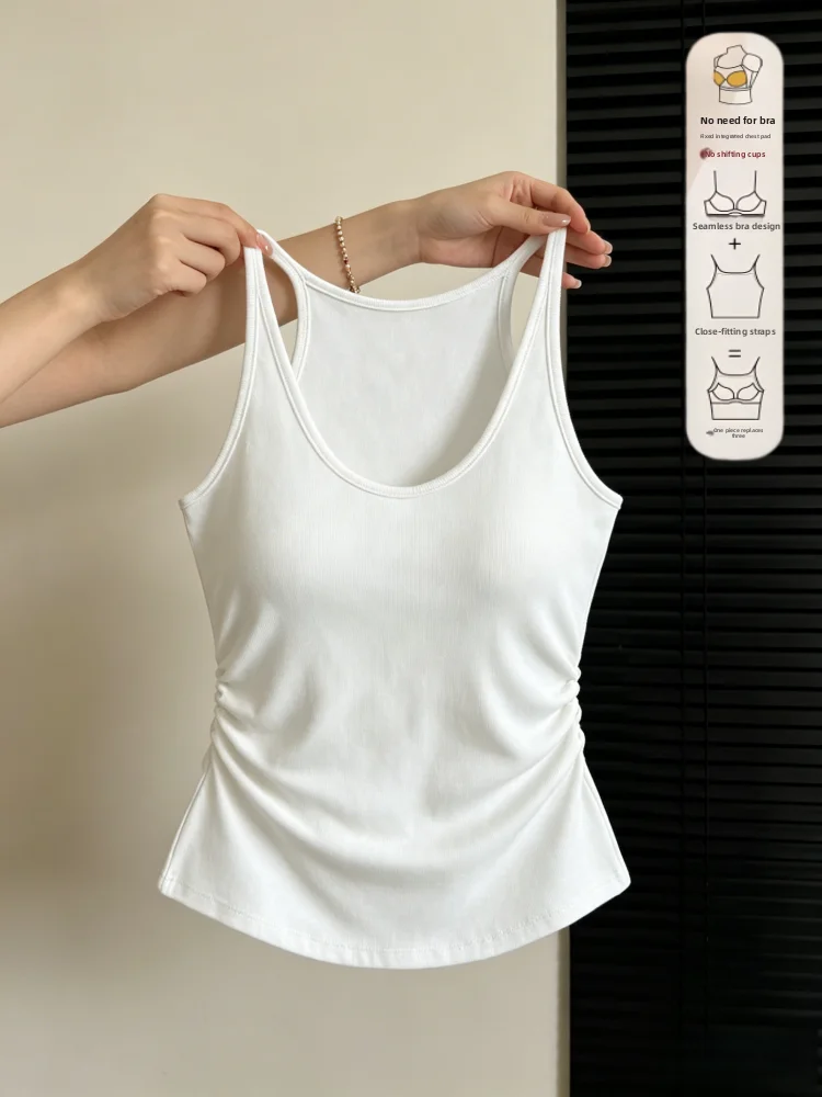 Women's Cotton Blend Tank Top with Chest Pad Summer Simple Style Inner Wear Base Layer Folded Waist Slimming Backless Shirt