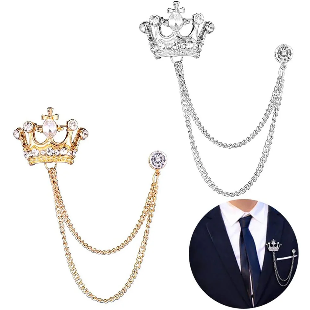 

Wholesale 12PCS Set Men's Crown Hanging Chain Brooch with Stone Detailing Stud Lapel Pin Breastpin Wedding Brooch Pin