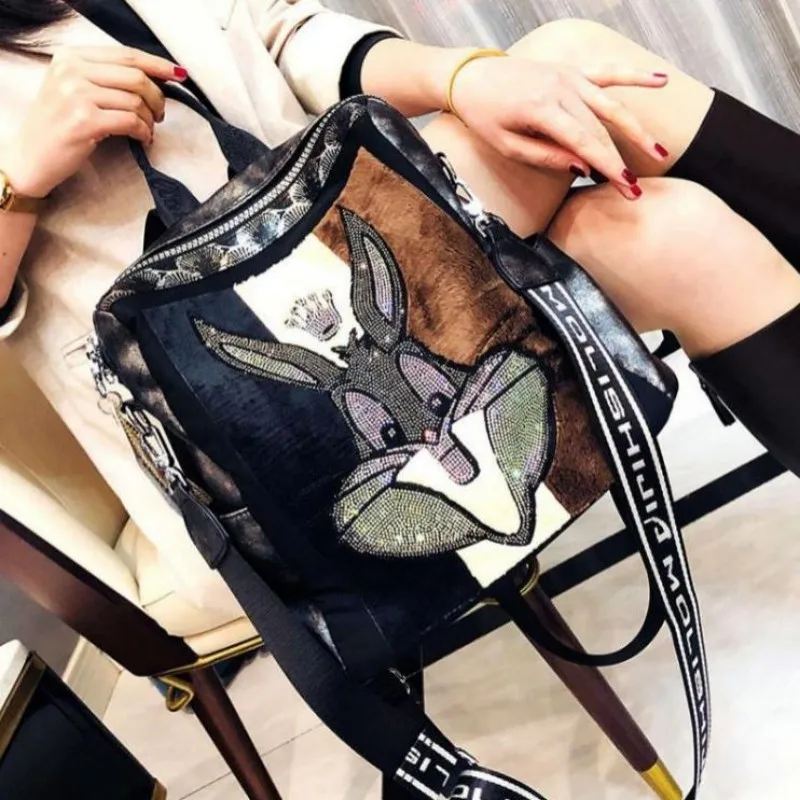 #8305-2 # New Women's Backpack Large Capacity Versatile Cartoon Rabbit Backpack Genuine Leather Western Style Shoulder Bag