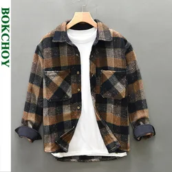 Autumn Winter New Loose Vintage Plaid Soft Brushed Shirts for Men Clothing Casual Long Sleeve Big Pockets Men Shirts AZ261
