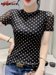 MadBlack Summer European Clothes Mesh Thin T-Shirt Chic Sexy O-Neck Wave Point Print Women Tops Short Sleeve 2022 Tees T24615X