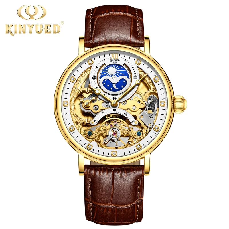 

KINYUED мужские часы лучший бренд класса люкс скелетон турбийон часы кожаные водонепроницаемые автоматические механические наручные часы Reloj Hombre