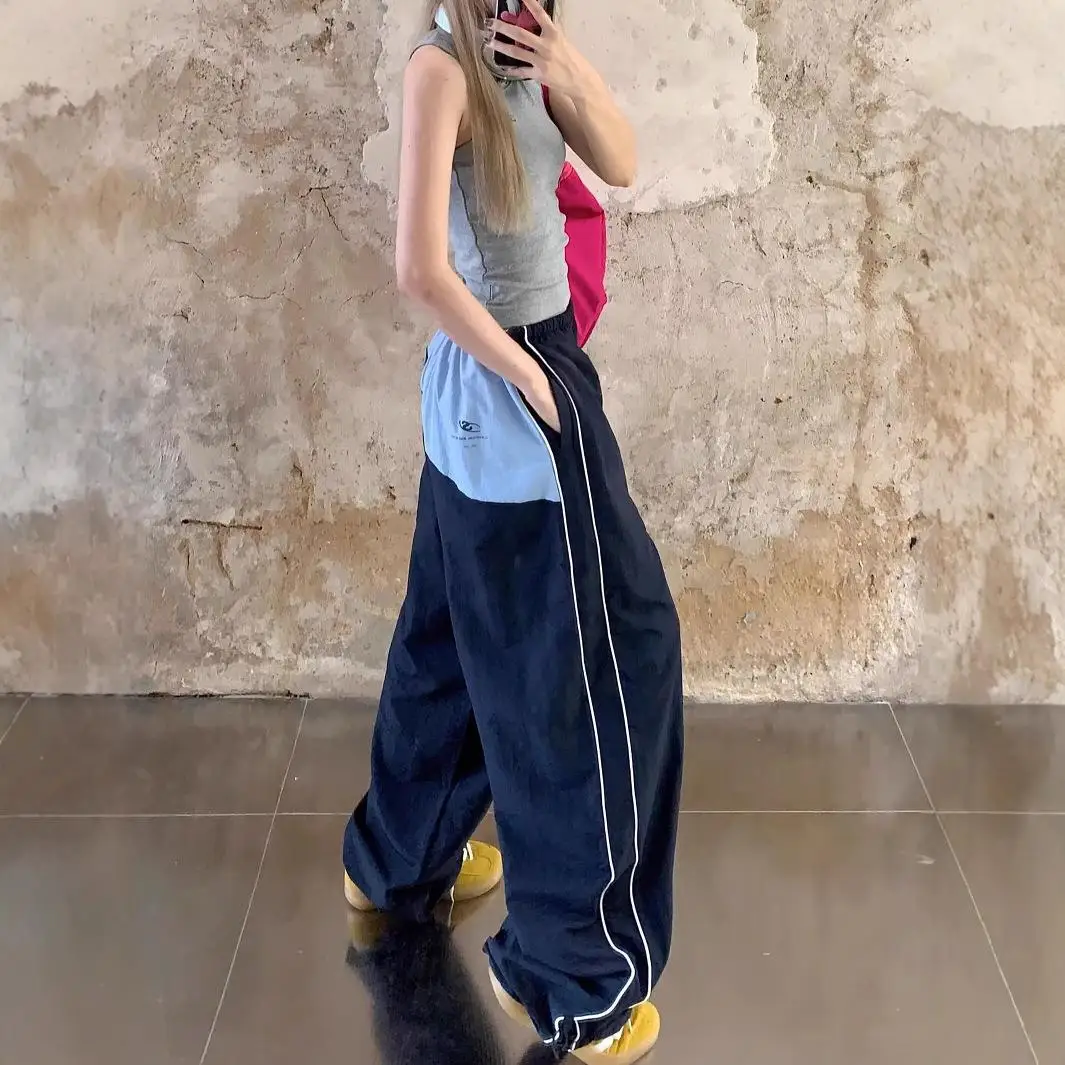 

Retro Color Block High Waist Workwear Casual Pants Women Summer Loose Sports Straight Leg Floor Length Wide Leg Trousers