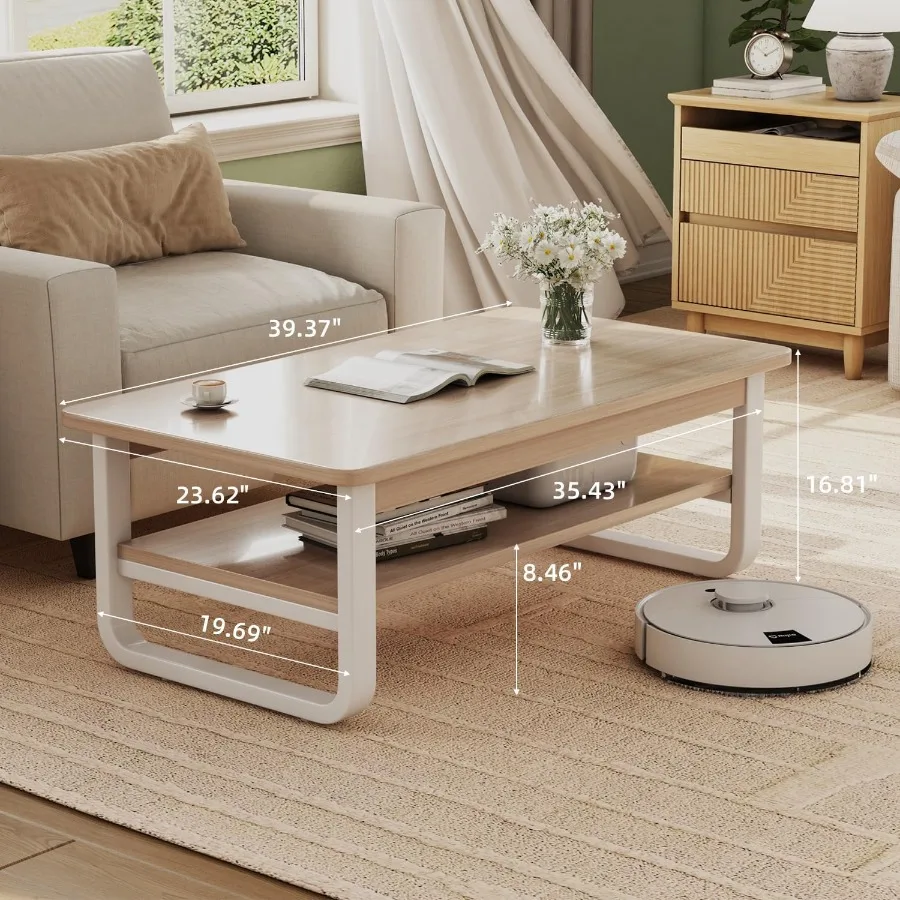 Coffee Table for Living Room with 2-Tier Storage Shelf, 39 inch Rectangular Wooden Center Table, Large Industrial Coffee Tables