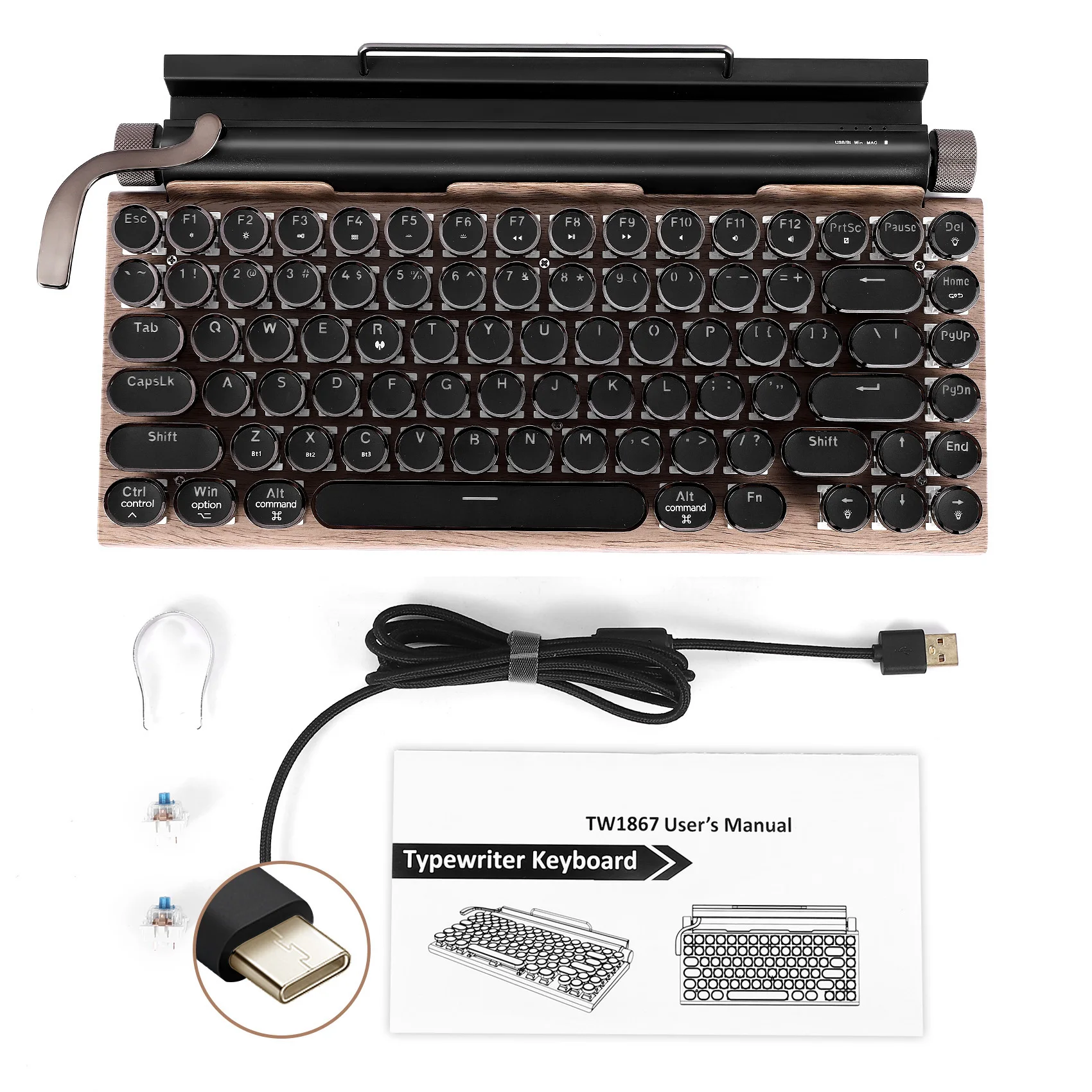 X64A-Retro Typewriter Keyboard Wireless Bluetooth Keyboard USB Mechanical Punk Keycaps For Desktop PC/Laptop/Phone
