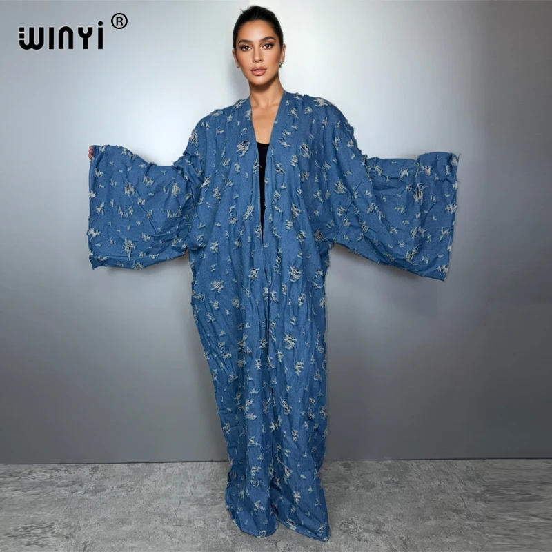 

WINYI Africa Broke denim cardigan for women fashion Hollow long down coat swimsuit cover up Make an old hole cowboy kimono