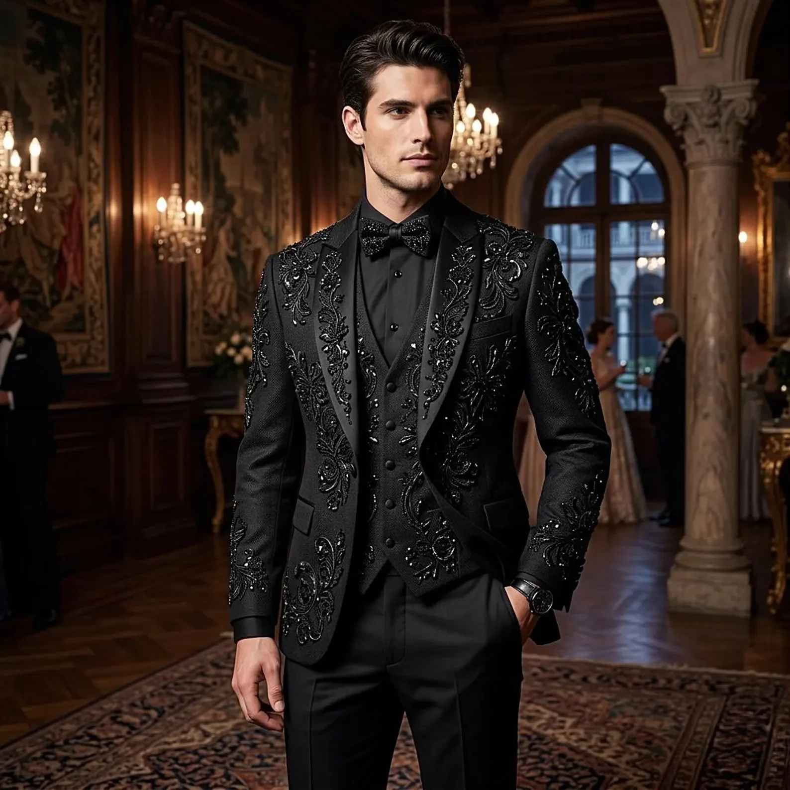 Elegante Men's Slim Fit Tuxedo 2 Pieces with Golden Flower Shaped Jewelry Customized One Button Design for Wedding Groom