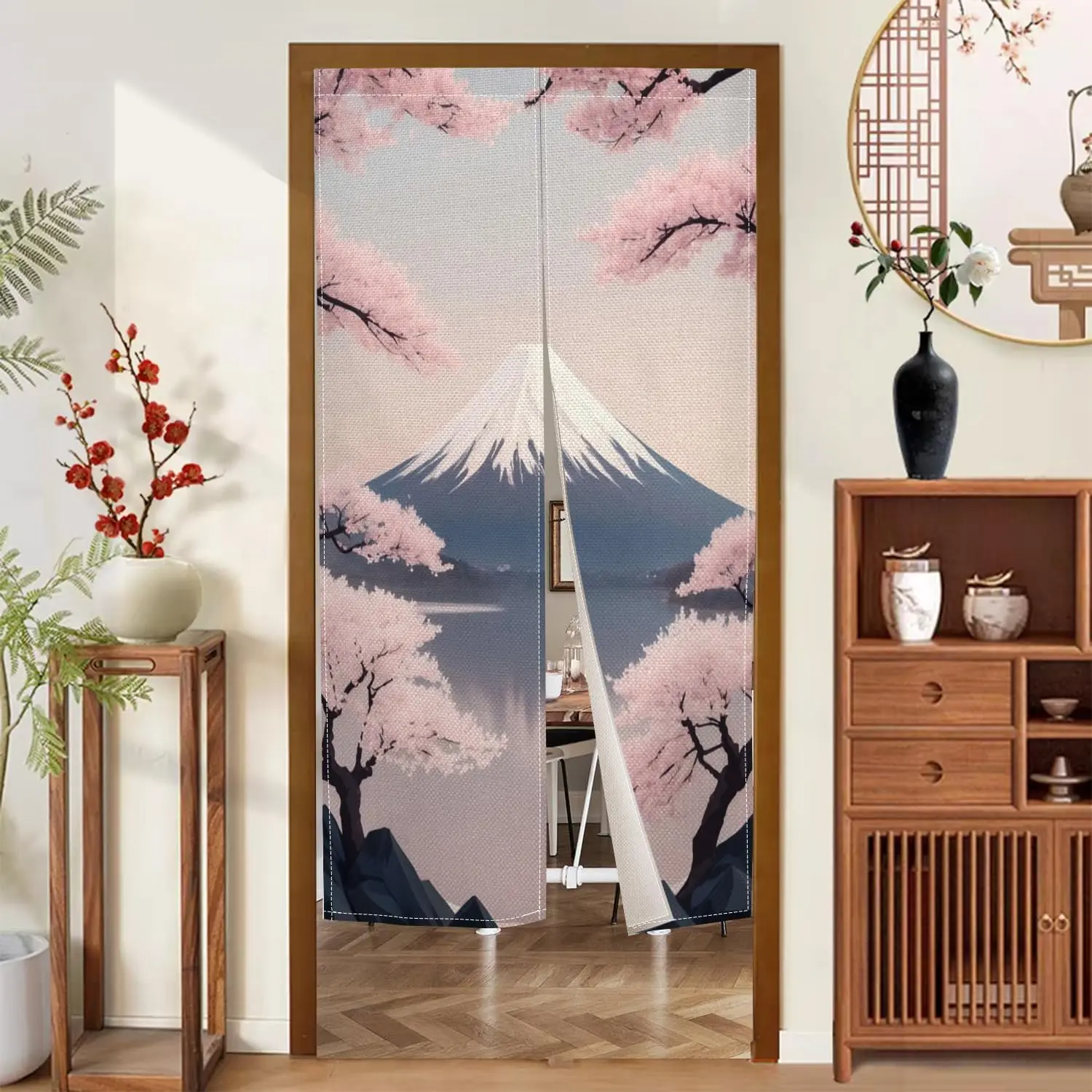 Japanese Cherry Blossom Mount Fuji Noren Curtain Pink Landscape Door Curtain for Home Kitchen Bedroom Room Divider Decoration