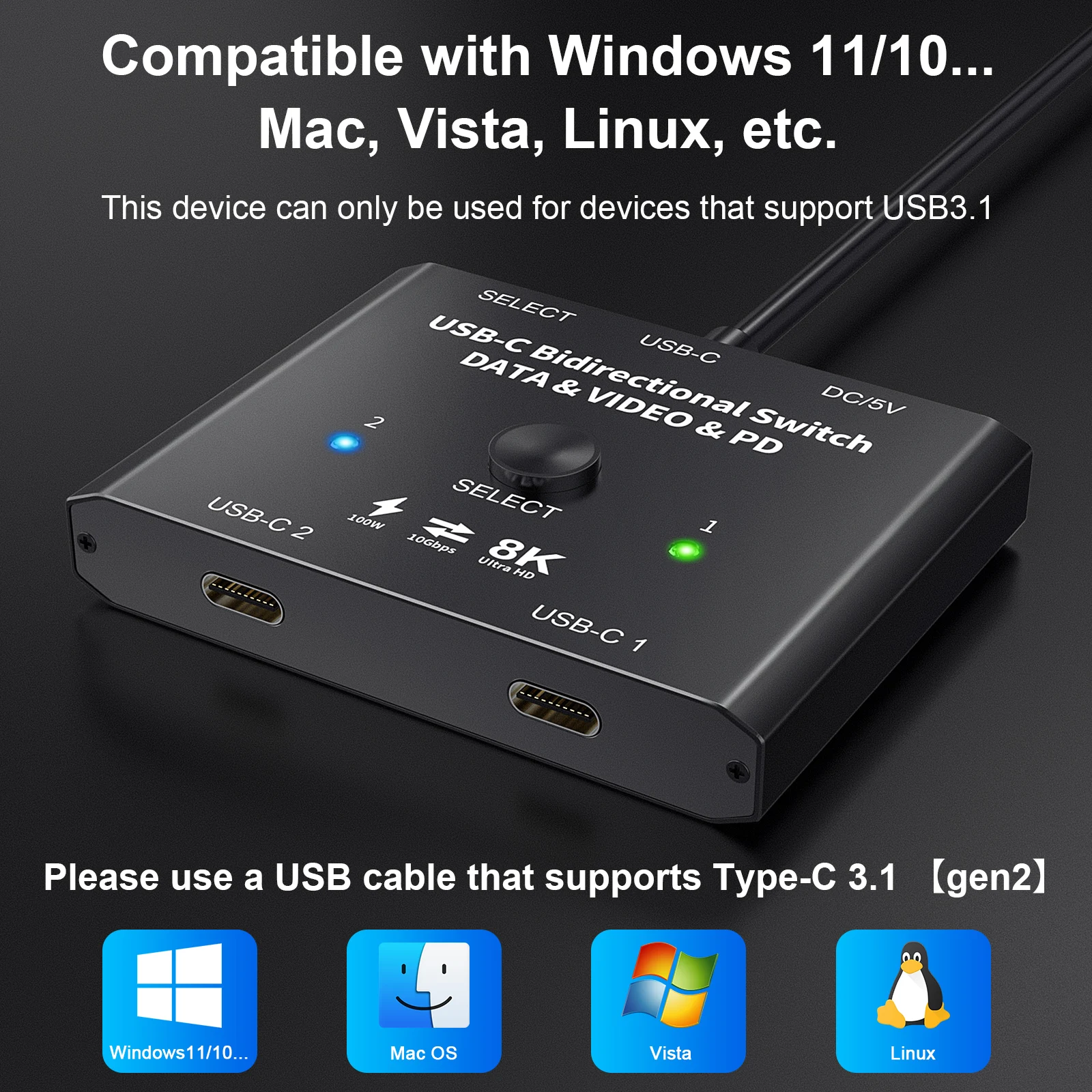 Imagem -02 - Switcher Kvm Usb tipo c Bi-direcional Vídeo 8k Transferência de Dados 10gbps Carregamento 100w Compatível com Thunderbolt