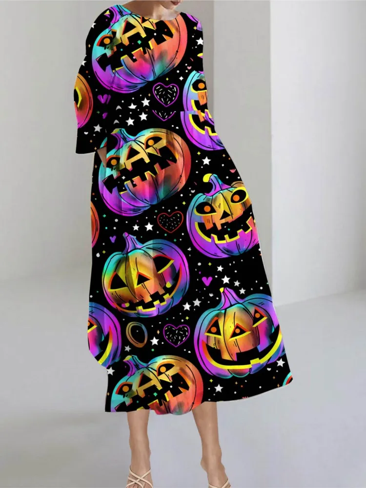 2024 nuovi abiti Casual per le donne Halloween Pumpkin Print o-collo autunno e inverno maniche lunghe tasche Pullover allentato da donna