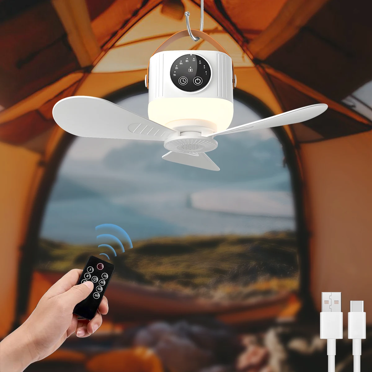 LED Light With Fan Portable Silent Ceiling Fans Light Rechargeable LED Lamp Remote Control for Bedroom Camping