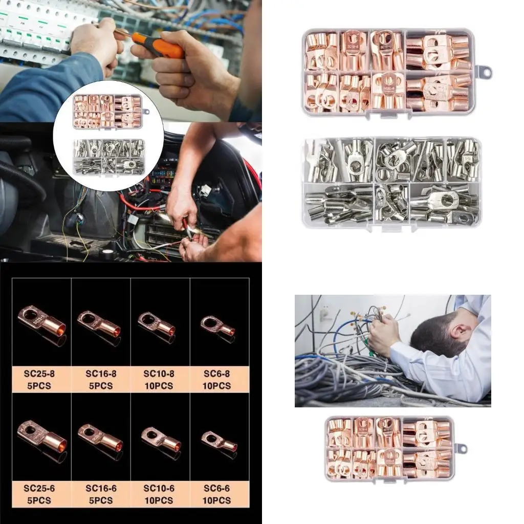 

652F 60Pcs Wire Connectors Copper Wire Lugs Rings Terminals Battery Cable Lugs Battery Wire Welding Cable Connectors