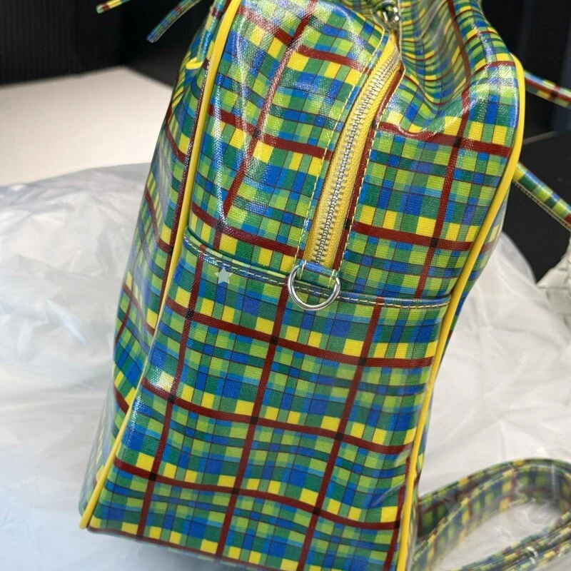 Karierte Schultertasche, Damen-Tragetasche mit großem Fassungsvermögen, minimalistische gelb-grüne Colorblock-Reisetasche mit Tragegriff – Detail 8