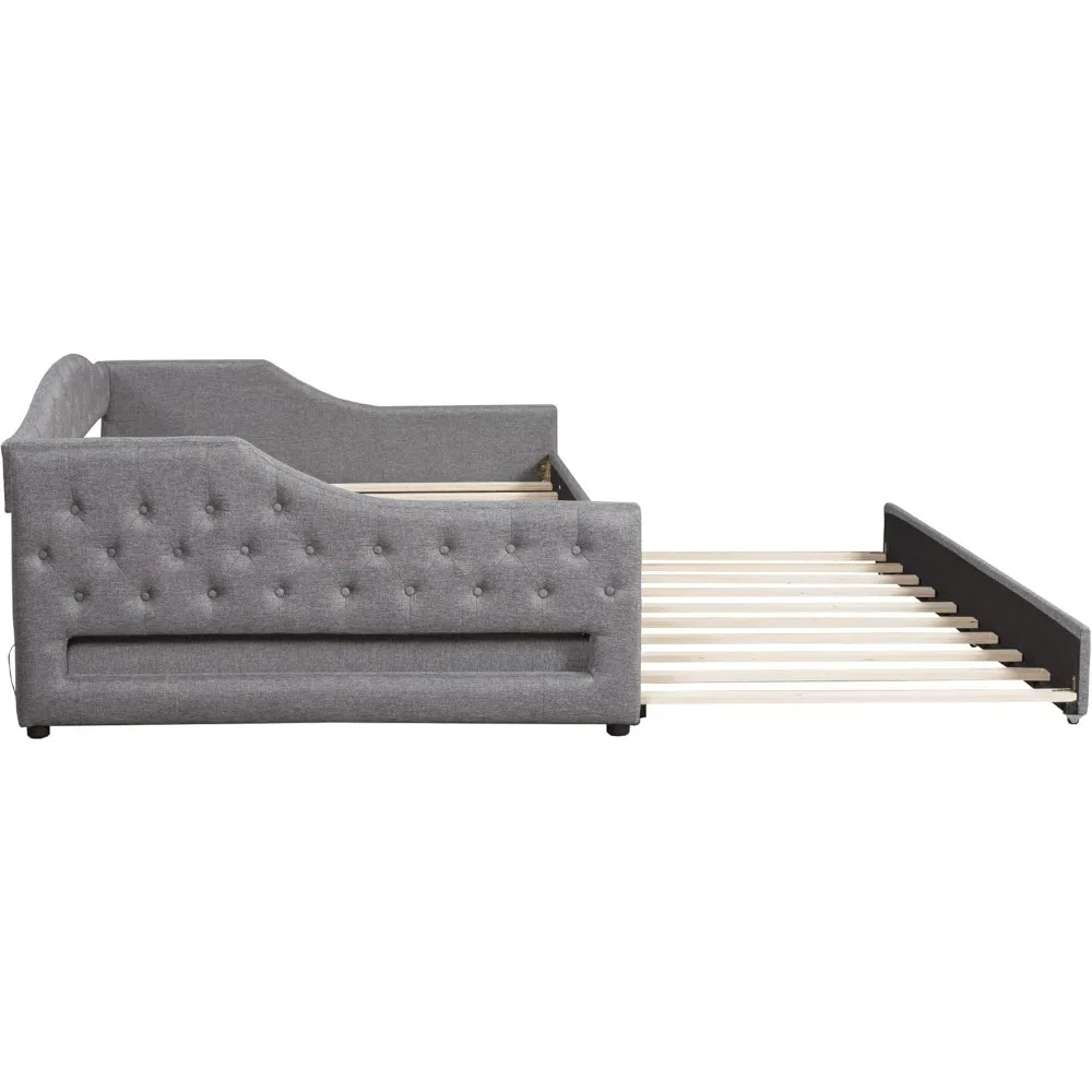 سرير نهاري XL مع إضاءة LED، إطار سرير نهاري مغطى بالكتان مع شرائح من الخشب الصلب لسكن الضيوف #5