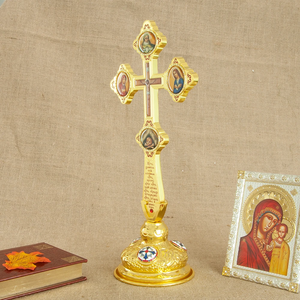 

HTISOK 15In Orthodox Standing Jesus Cross, Zinc Alloy Gold-plated Cross, Religious Decoration with Base, Gift for Believer