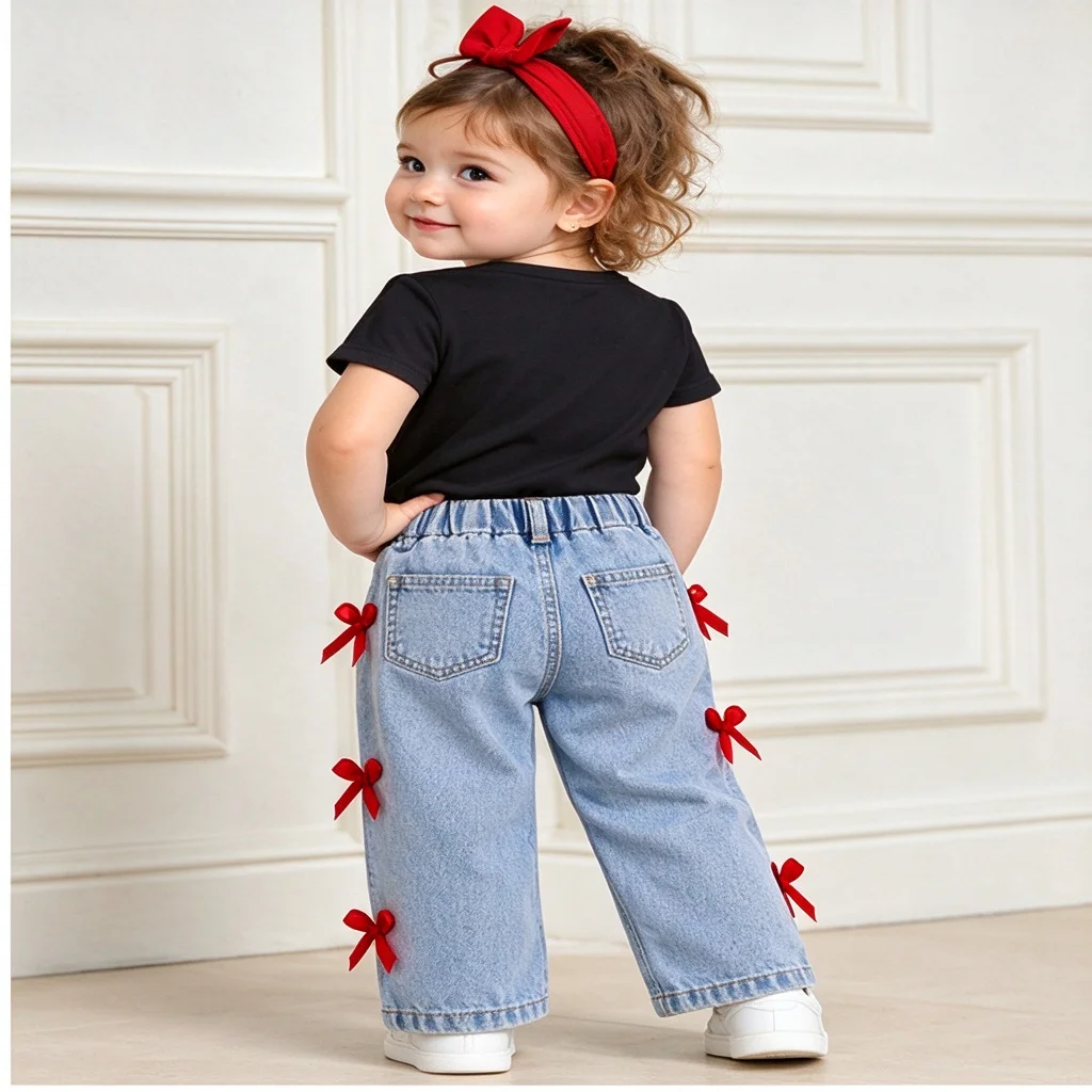 2Pcs Toddler Baby Girl Clothes Set Cherry Print Short Sleeve T-shirt Bow Decor Wide Leg Denim Pants Infant Kids Casual Outfit