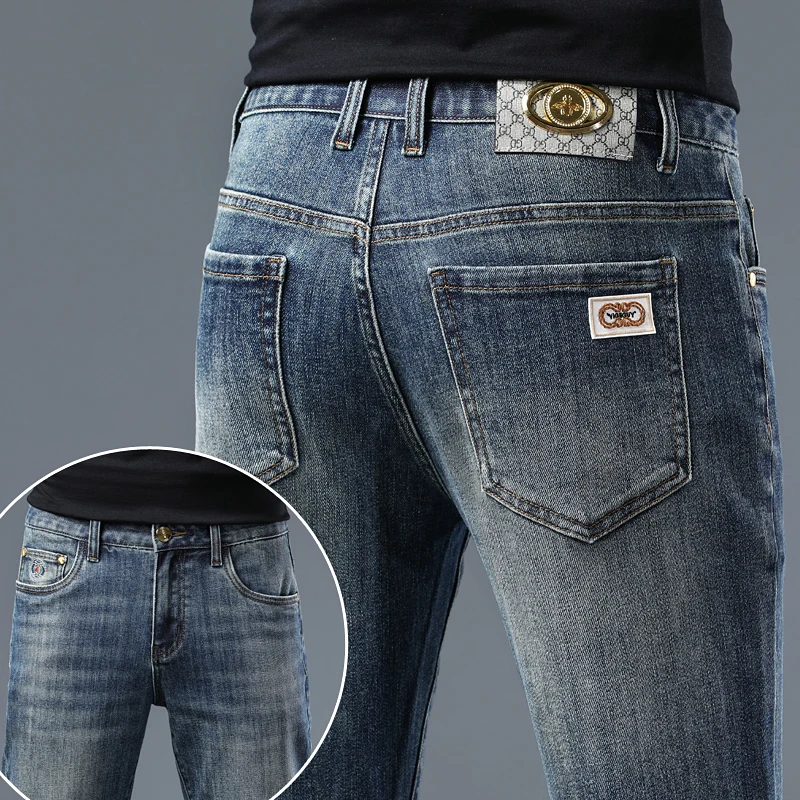 2024 fall and winter new retro nostalgic blue washed jeans high-end embroidery stretch Slim small straight leg jeans