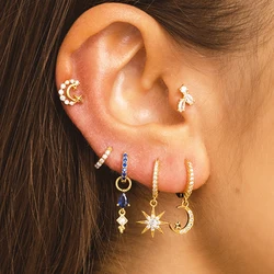 2PCS Stainless Steel Crystal Zirconia Moon Star Hoop Earrings Delicate Punk Huggie Earring Ear Buckle Cartilage Piercing Jewelry