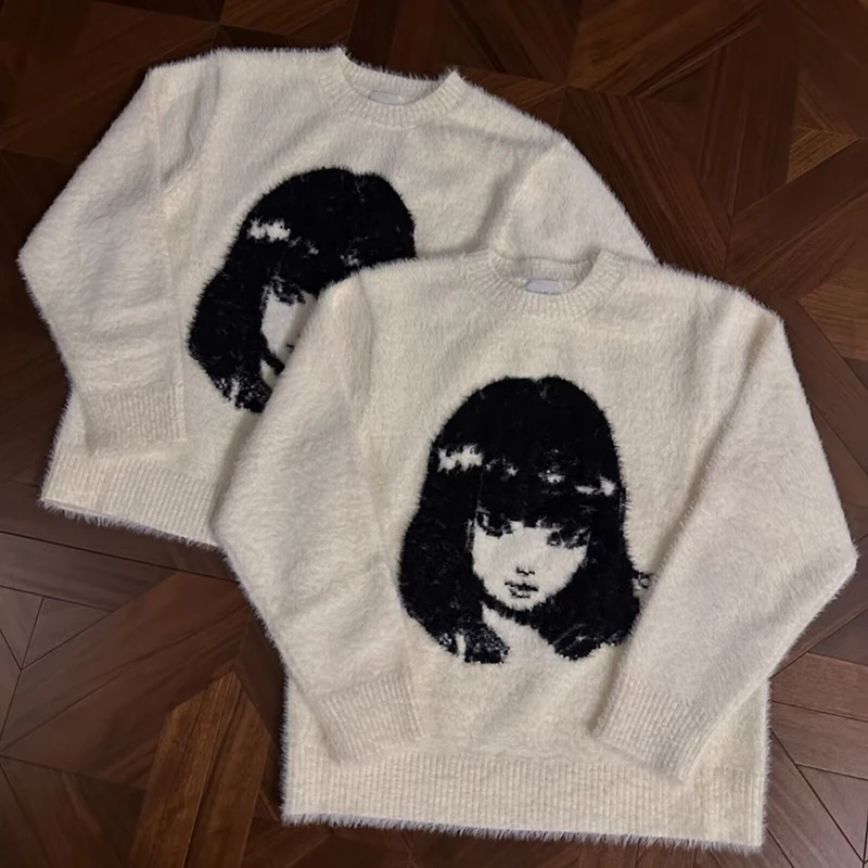 

Японский винтажный мужской свитер для девочек, трикотаж, зимний норковый пуловер с круглым вырезом, свободный жаккардовый вязаный свитер большого размера для пары