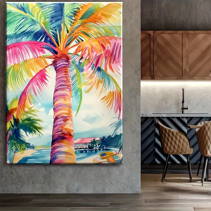 (No frame)2D Flat, 2D Flat, 1pc Wall Art for Home And Room Decor, Featuring Vibrant Watercolor Paintings of Tropical Palm Tre