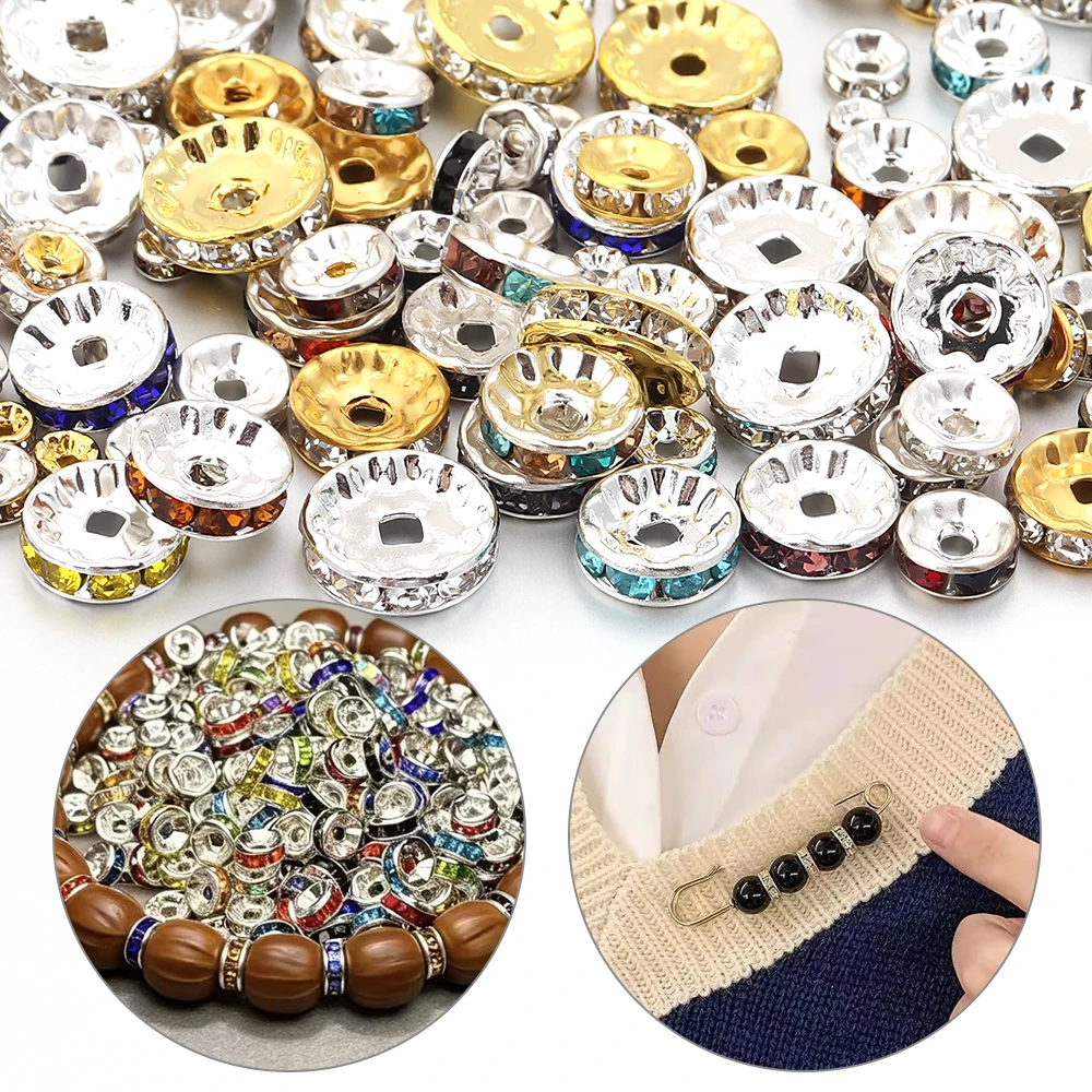 50pcs Metal Crystal Beads 4/6/8/10/12mm Rhinestone Rondelle Spacer Beads For Jewelry Making Bracelet Necklace DIY Accessories