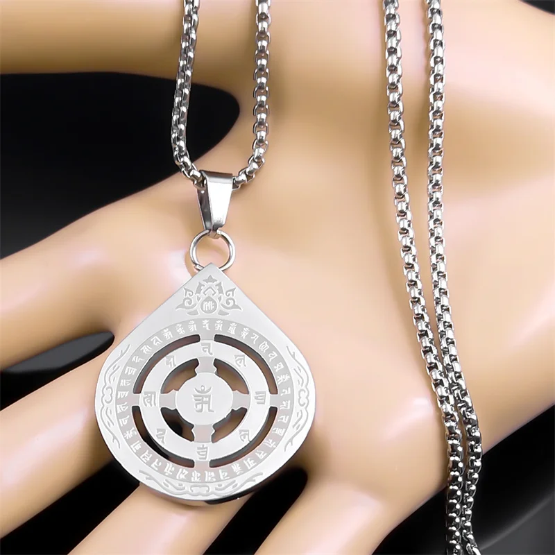 Six True Words Mantra Lotus Pendant Necklace for Men Women Stainless Steel Om Lucky Religious Amulet Chain Jewelry NZZZ564S02 image 3