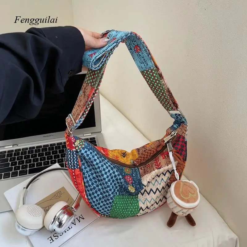 Retro Contrast Color Ethnic Casual Canvas Bag Single Shoulder Slant Cross Women's Bag Soft Dumpling Shape Zipper Closure