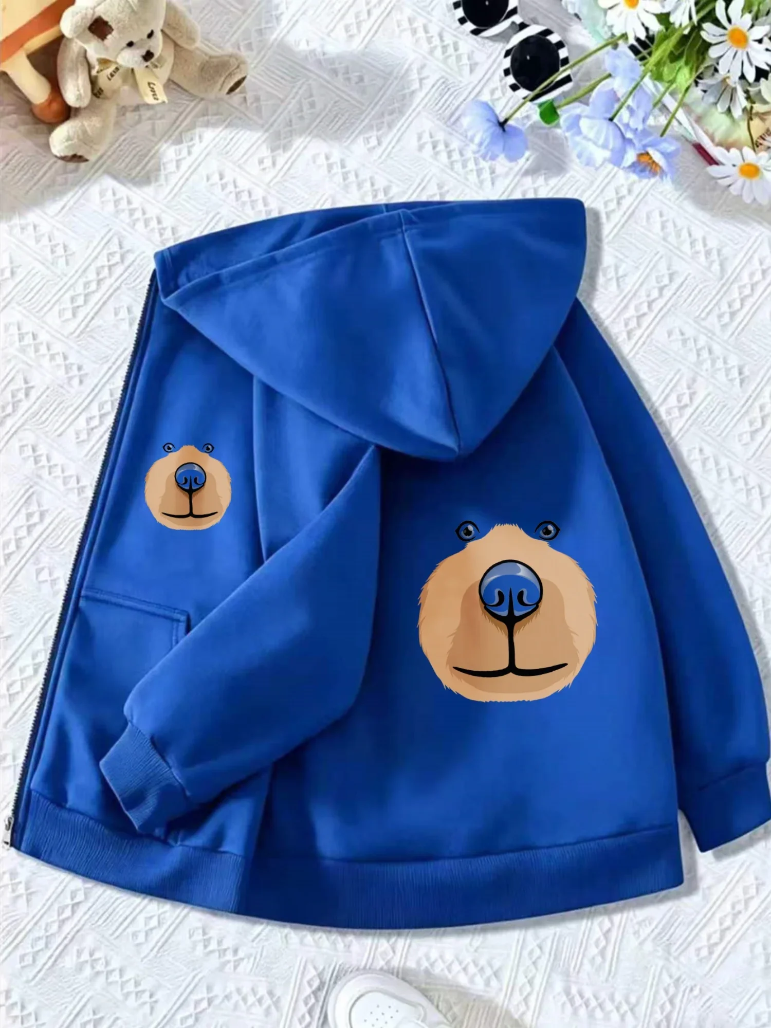 Kids Bright Blue Zip Hoodie Cute Bear Face Graphic Print Long Sleeve Loose Hooded Jacket For Boys Girls Daily Casual Outerwear