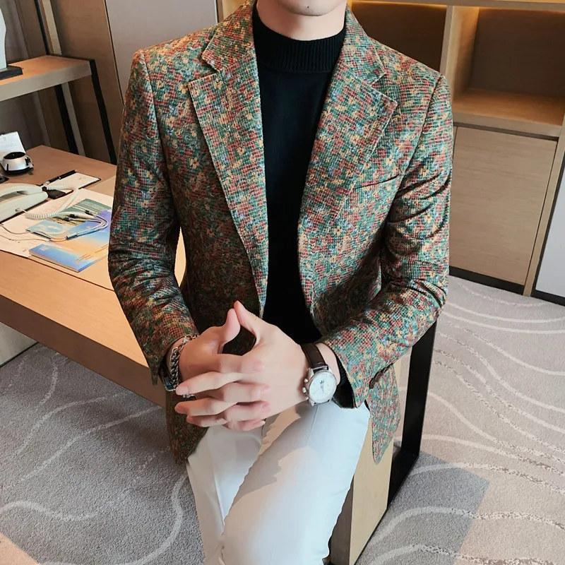 Mens Stylish Blazer 2022 Autumn Flower Printed Blazer Men Wedding Social Slim Business Clothing Formal Tuxedo Suit Jacket Hombre