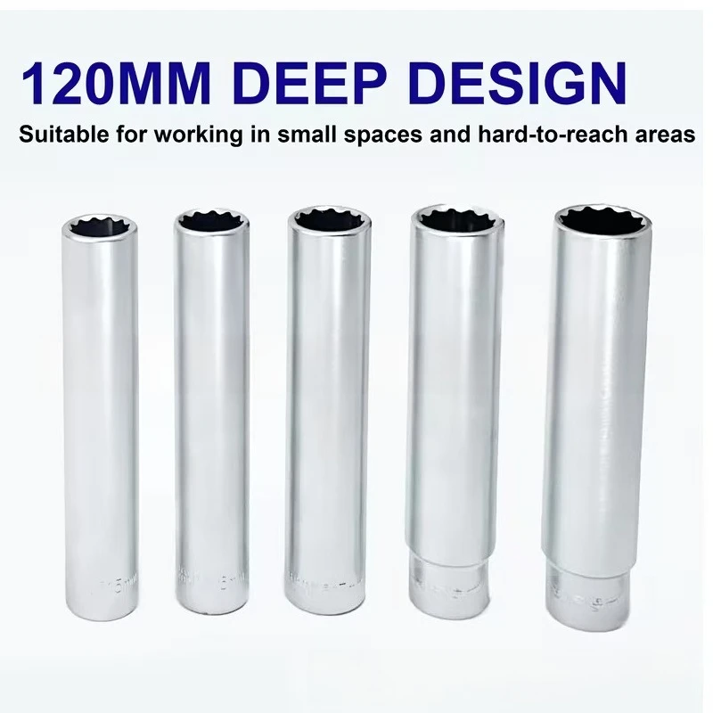 7‑Piece 3/8 Inch Long 12‑Point Hex Socket Set EVA Storage Case Extended Deep Socket Hand Repair Tool Kit