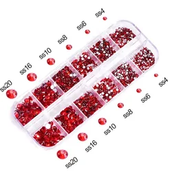 1Box SS4-20 Mixed Size Glass Red Rhinestones Nail Art Decorations Round Glitters Diamonds Strass Tip 3D with Storage Organize