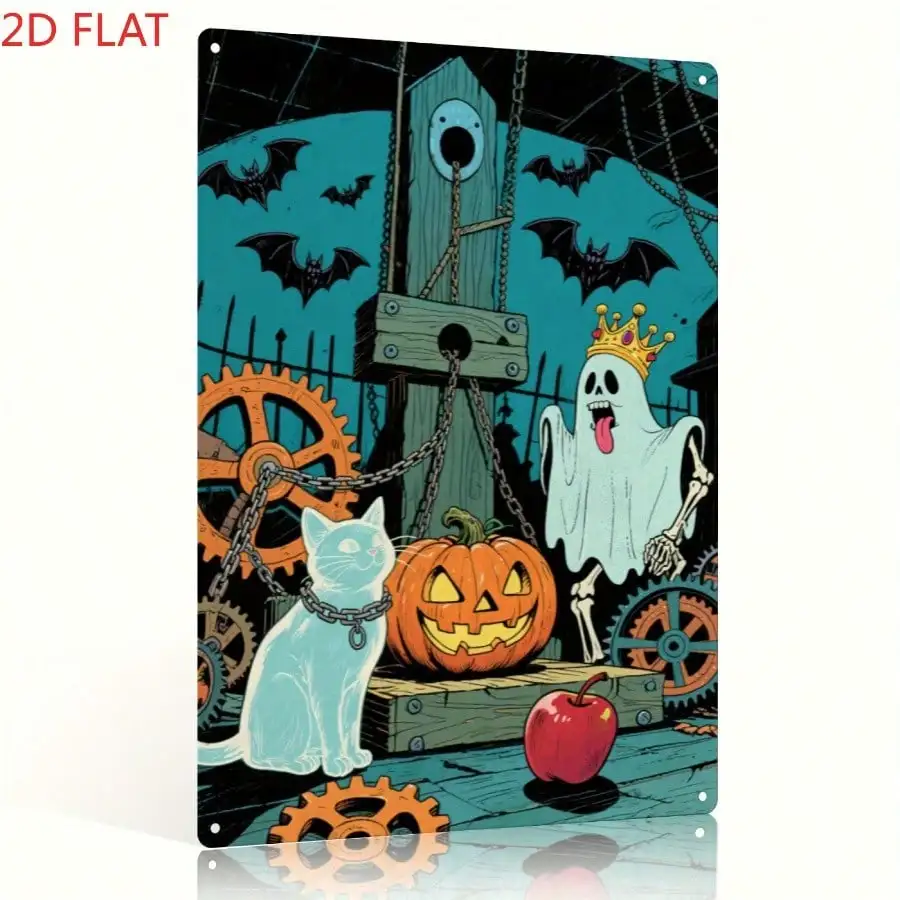 2D Flat, 2D Flat Vintage Halloween Metal Iron Wall Decor Sign - Spooky Haunted House Scene With Ghosts, Bats, Jack-O-Lanterns & Steampunk Gears - Durable Indoor/Outdoor Decoration For Living Room, Garden, Bar, Kitchen - Halloween, Christmas, Birthday