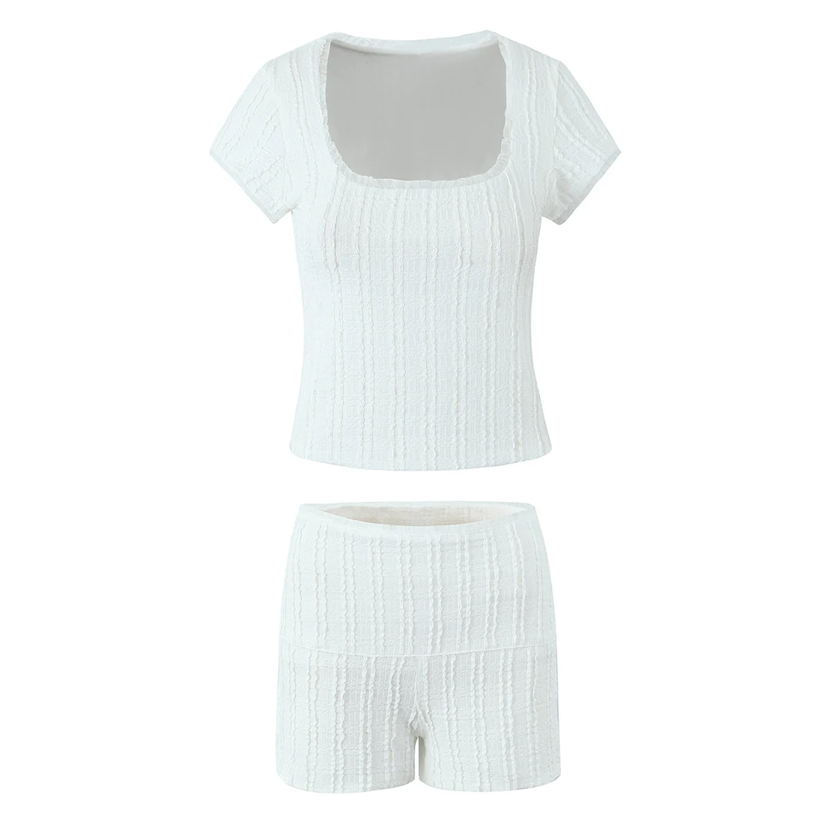 2 pieces 1 set 2025 Holiday Summer White Wrinkle Rib line Square neck Short Sleeve Tee + Skinny Low Waist Mini Shorts