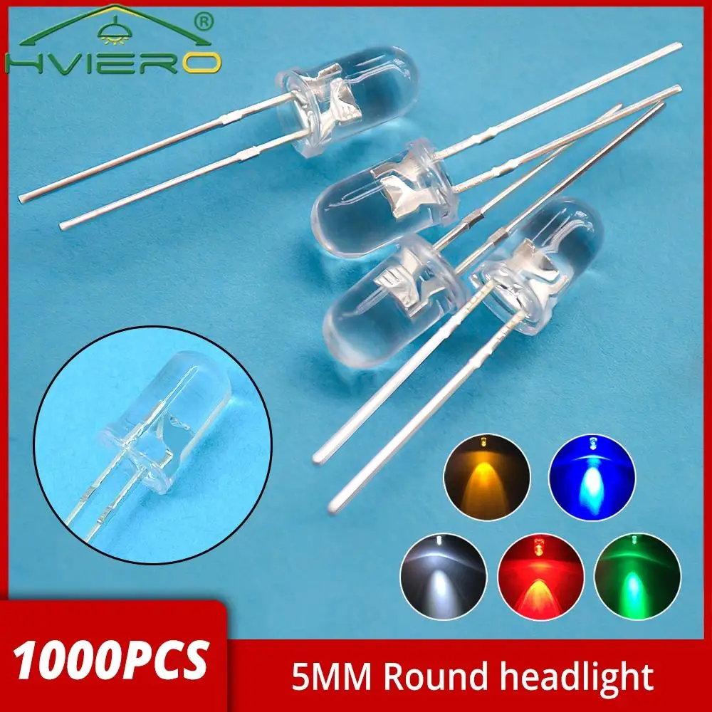 1000pcs F5 5mm Round White Red Green Blue Yellow Water Clear Led Super Bright Ligte Emitting Diodes 6000-6500k Lamp Bulb