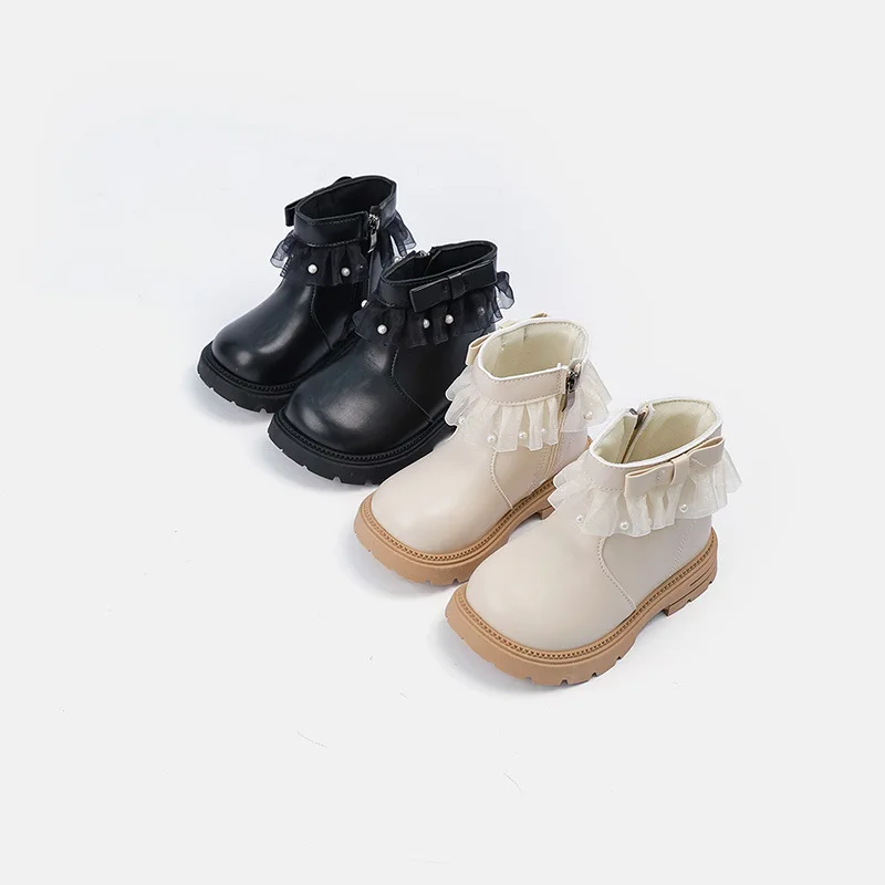 JGSHOWKITO New Kids Short Boots Lace Ruffle Pearl Bow Girls Princess Leather Boots Autumn Winter Non Slip Children Ankle Boots