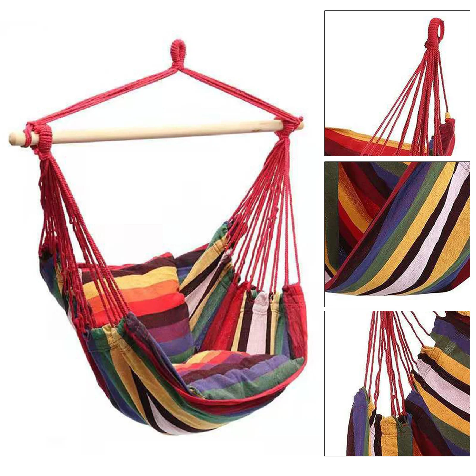 Hamaca portátil, cómoda, con rayas coloridas, columpio de cuerda colgante para interior, hamaca colgante
