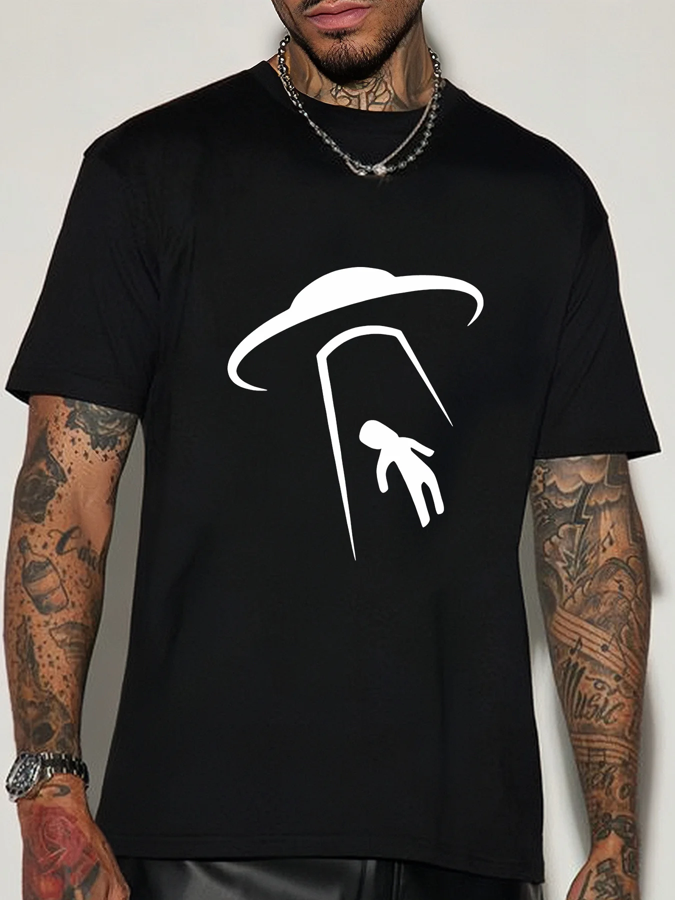 Outer Space Alien Theme Mens Crew Neck Cotton T Shirt Simple UFO Abduction Human Silhouette Print Short Sleeve Casual Street Top
