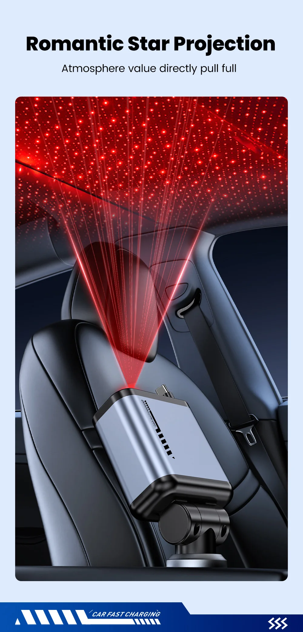 4-in-1-Autoladegerät mit Sternenhimmel-Spotlight, einziehbares Autoladegerät mit Ladekabel und 2 Ladeanschlüssen, universelles Autoladegerät – Detail 4