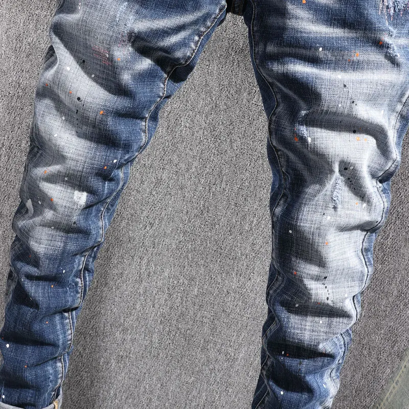High Street Trendy and Fashionable New Blue Men's Jeans Washed, Nostalgic Painted Hip Hop Brand High Quality Elastic Slim Fit Je