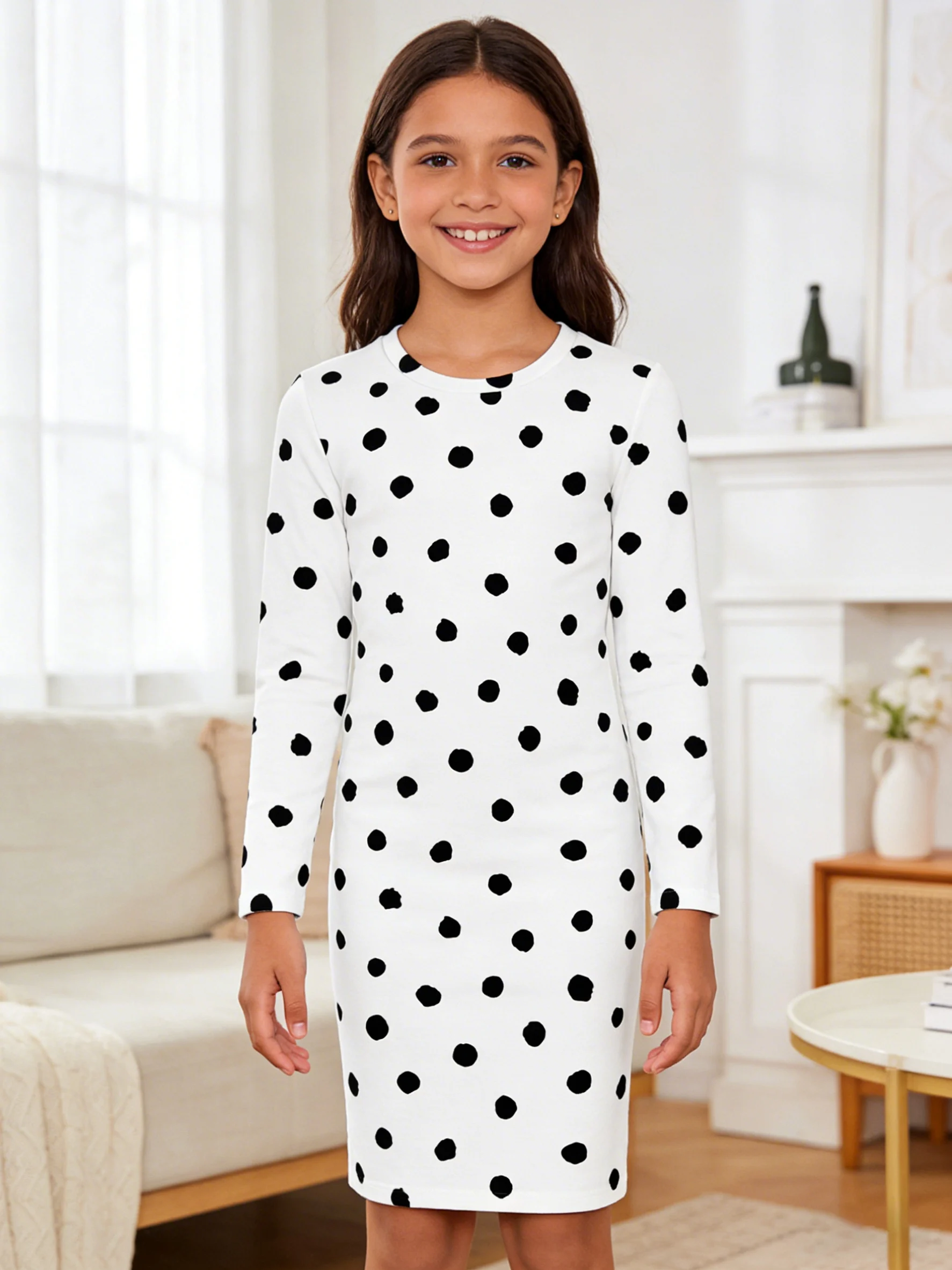 

2026 Girls White Bottom Black Polka Dot Long Sleeve Slim Fit Dress