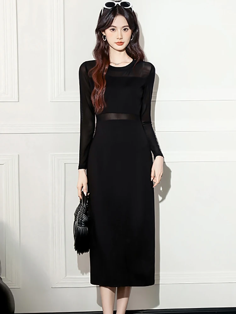 Outono inverno preto retalhos malha pura sexy vestido longo feminino elegante bodycon vestido 2025 coreano vintage bodycon vestidos de luxo