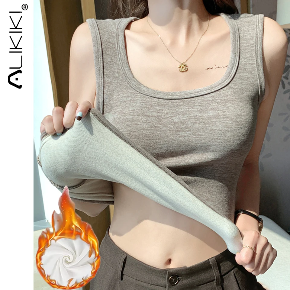 Winter Fleece Lined Thermal Underwear Tops Warm Undershirt Women Slim Fit Thick Lining Camisole Sling Bottoming Vest